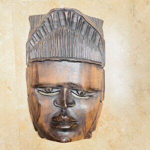 Hand-Carved African Tribal Wooden Mask Wall Hanging 12" Tall